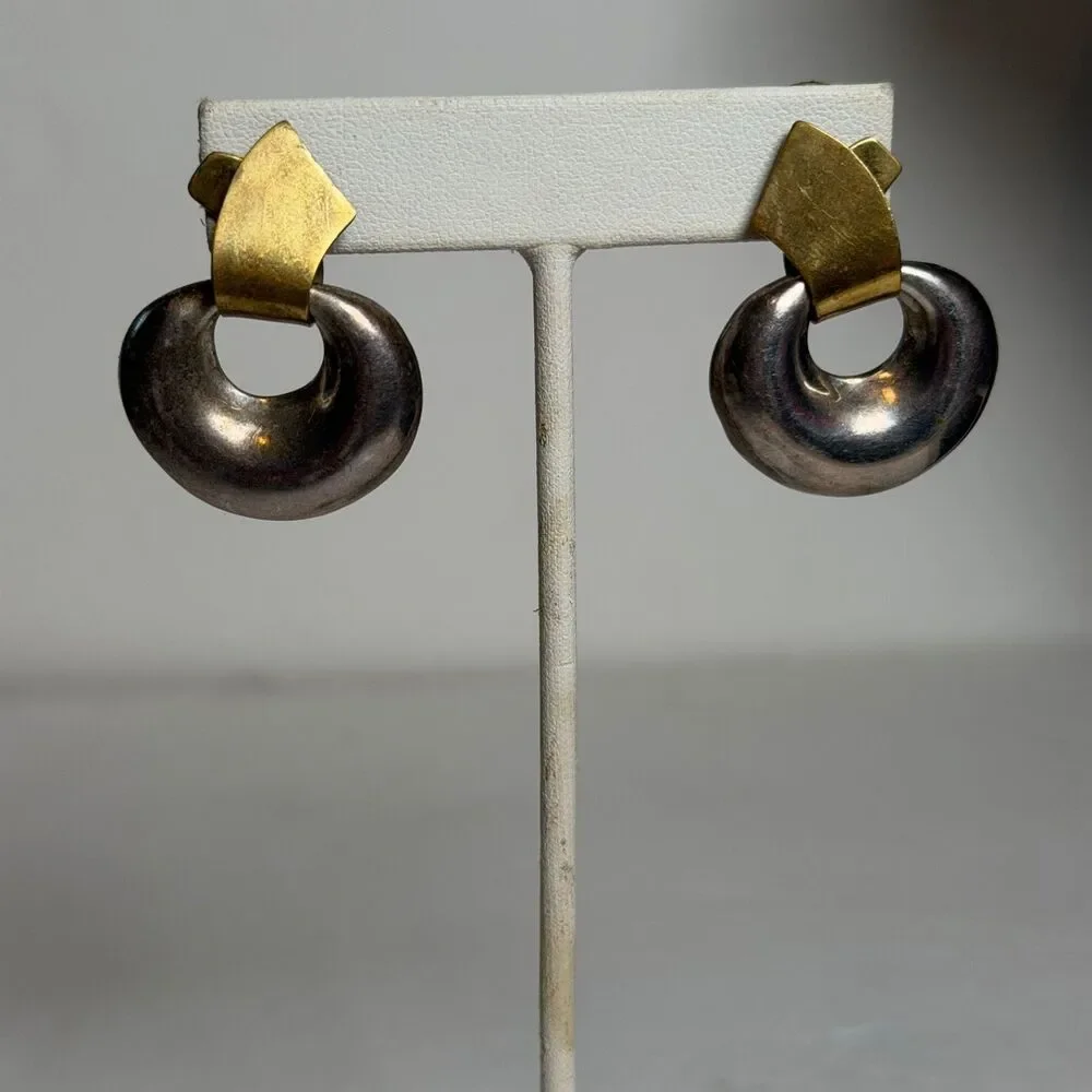 Vintage Mexico 925 Sterling Silver Brass Donut Post Earrings Modernist 16g